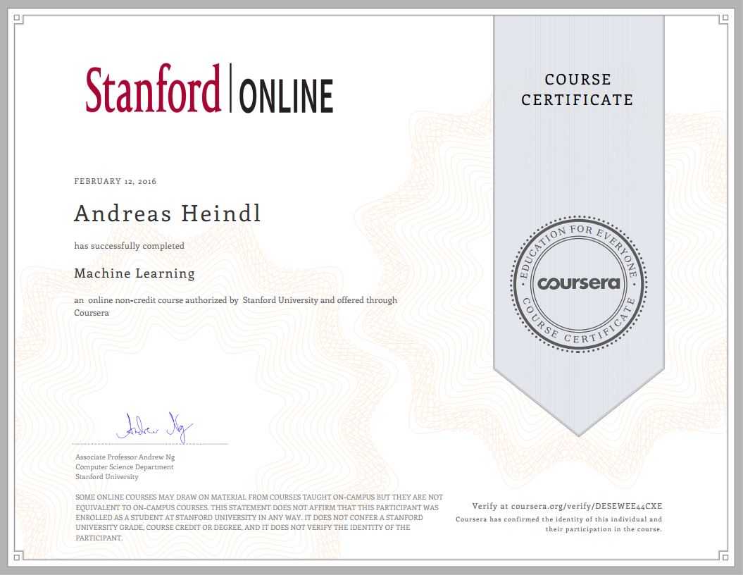 Stanford Course Certificate Machine Learning