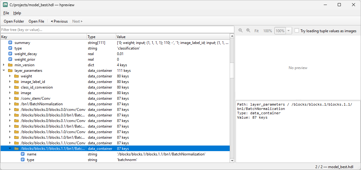 hpreview inspecting the layer parameters of a HALCON deep learning model