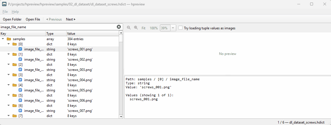 hpreview loading a tuple value as an image, showing a sample from a deep learning dataset